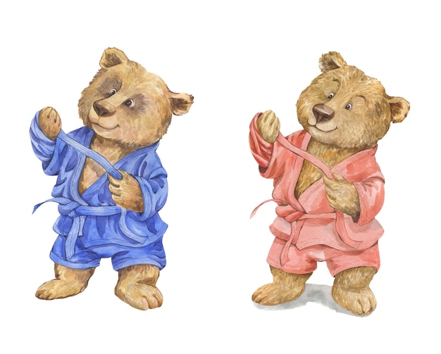 Ilustración acuarela de un oso sambo en un kimono azul rojo