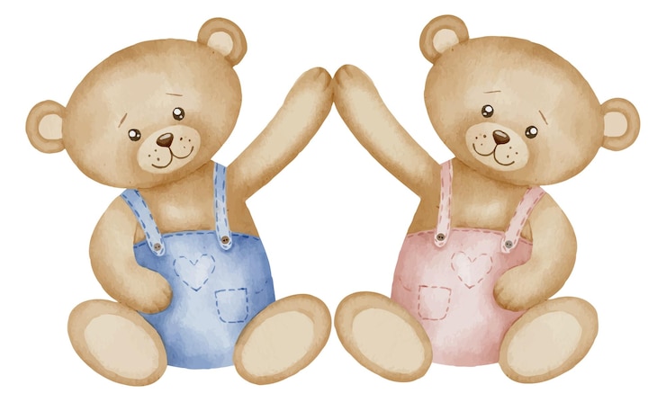 Vector ilustración en acuarela con osos de peluche animales bonitos dibujados a mano en colores azul pastel y rosa para invitaciones de baby shower o tarjetas de felicitación de cumpleaños dibujo para diseño infantil