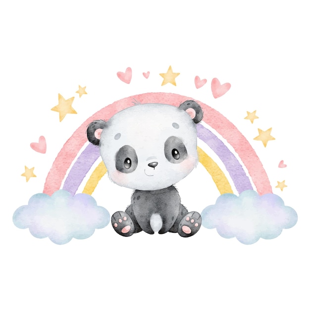 Ilustración acuarela de un panda de dibujos animados con arco iris Animales lindos