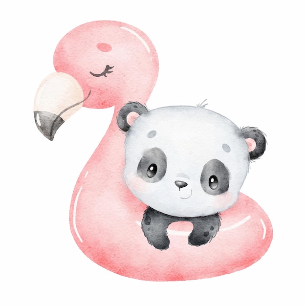 Ilustración acuarela de un panda de dibujos animados nadando animales lindos