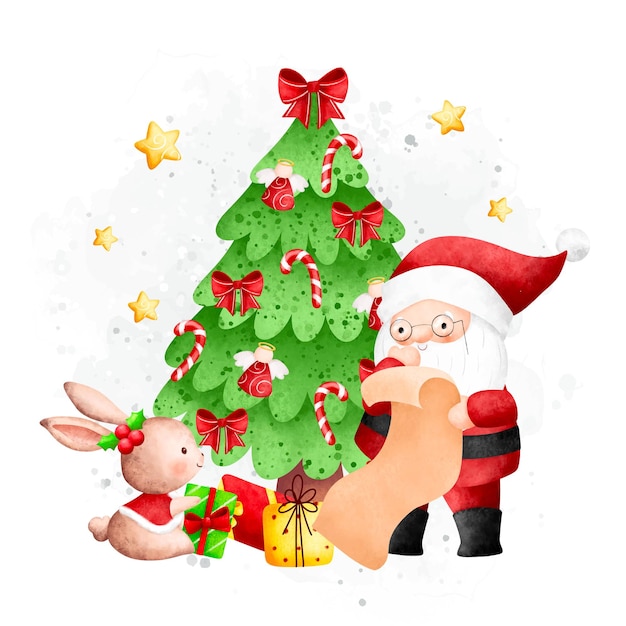 Ilustración acuarela papá noel y árbol de navidad