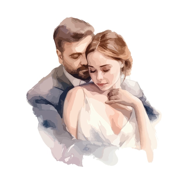 Ilustración acuarela de una pareja amorosa de novios recién casados