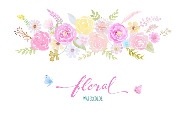 Ilustración de acuarela pintada a mano hermosa flor rosa hoja botánica y mariposa para el día de san valentín de boda de amor o tarjeta de felicitación de diseño de invitación de arreglo.