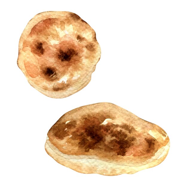 Vector ilustración de acuarela de pita de pan plano griego israelí aislada sobre fondo blanco pan árabe dibujado a mano para panadería pan de pitta pintado elemento para diseño de señalización embalaje de papel de embalaje