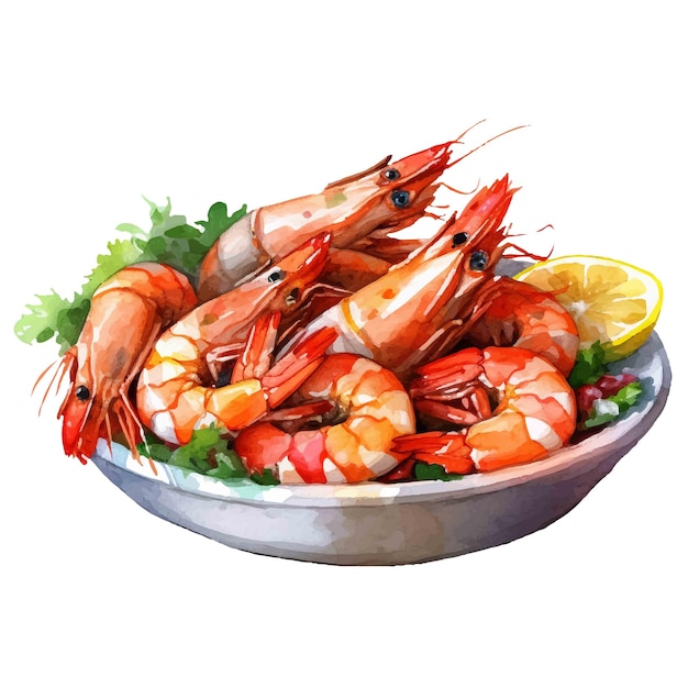 Vector ilustración de acuarela de un plato de camarones