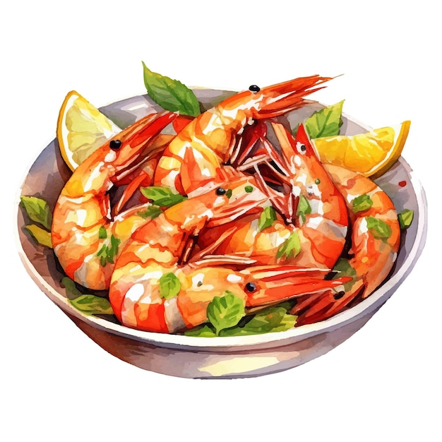 Ilustración de acuarela de un plato de camarones