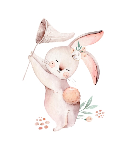Ilustración en acuarela de la Primavera de Pascua con conejo y flores en tonos pastel