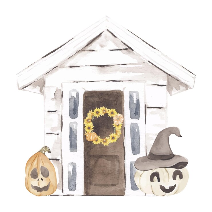 Ilustración acuarela de puerta de entrada azul decorada con corona verde y naranja y calabazas