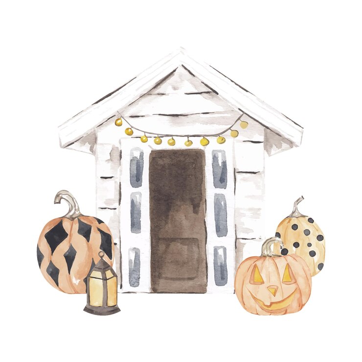 Ilustración acuarela de puerta de entrada azul decorada con corona verde y naranja y calabazas