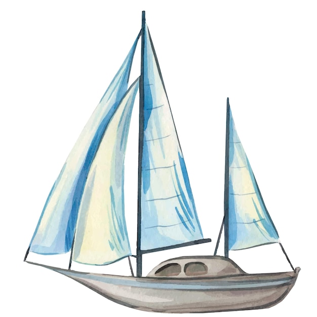 Ilustración de acuarela que representa un yate Mar barco sobre un fondo blanco