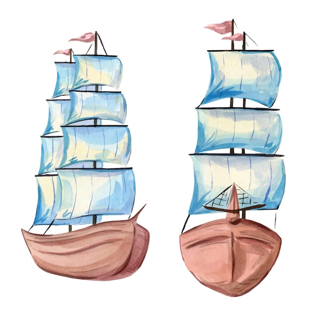 Vector ilustración de acuarela que representa un yate mar barco sobre un fondo blanco