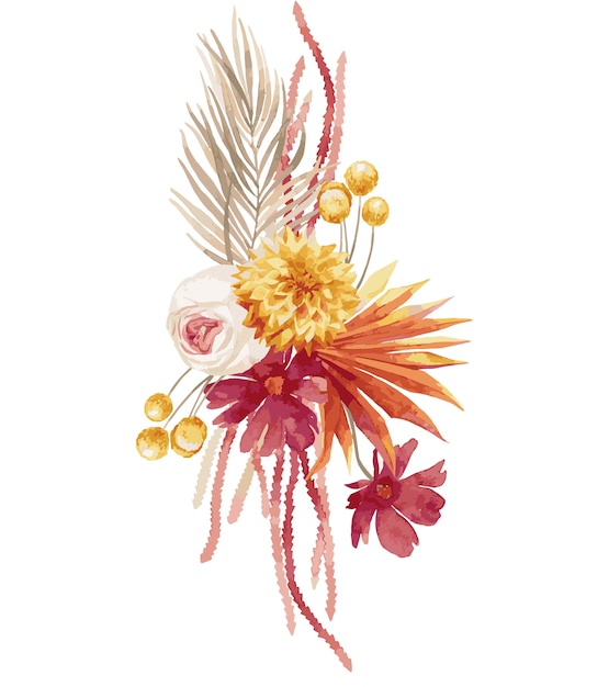 Ilustración acuarela, ramo otoñal, composición de estilo bohemio con hojas de palmera burdeos, orquídea, protea, aster amarillo y anthurium