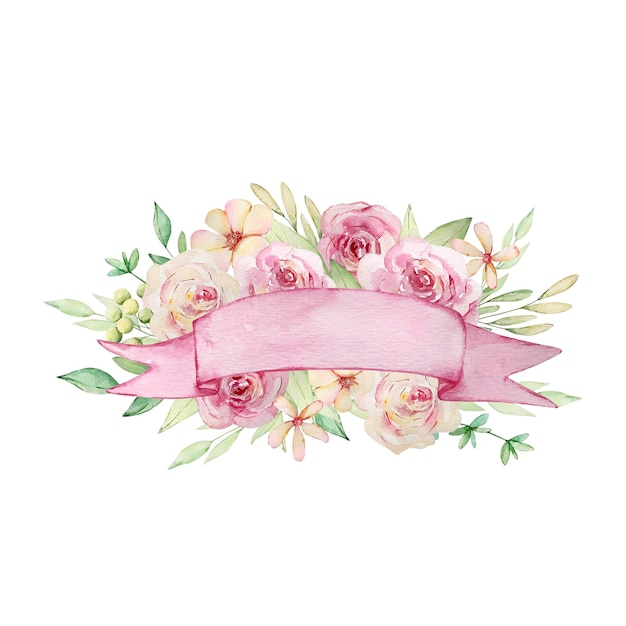Ilustración acuarela de un ramo de rosas rosas claras y un bannerxaxa
