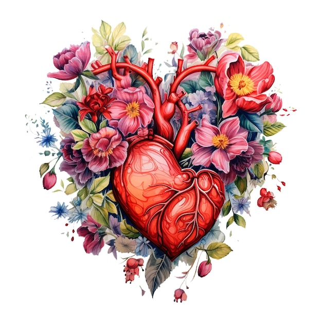 Ilustración de acuarela retro rojo rosa anatómico corazón flores acuarela