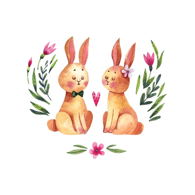 Ilustración acuarela romántica con lindos conejitos en flores. pareja de conejos enamorados sobre fondo floral.