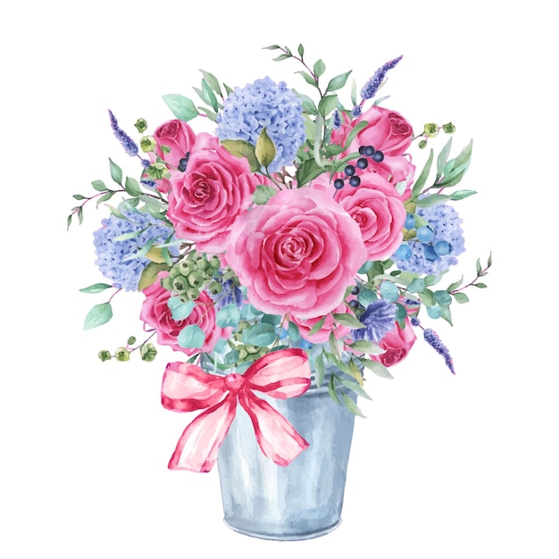 Ilustración en acuarela de un rústico ramo de rosas y hortensias en un cubo aislado en blanco