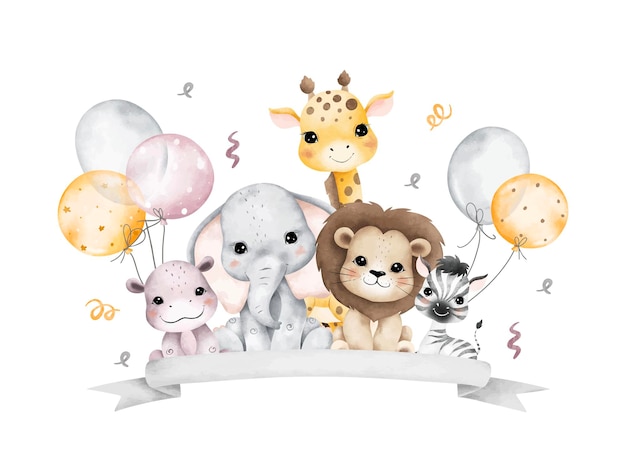 Ilustración de acuarela Safari Animales y globos con elementos de la fiesta de cumpleaños