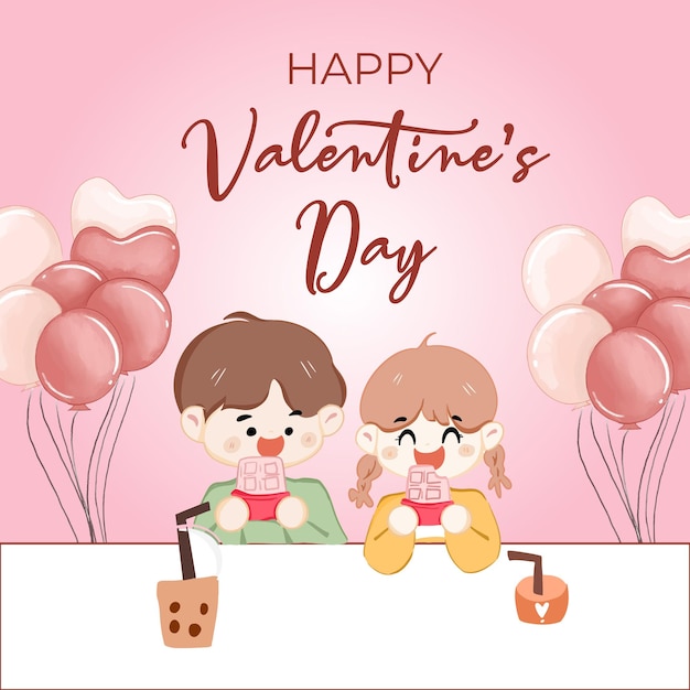 Vector ilustración de acuarela de san valentín chica y niño lindos dibujados a mano pasando tiempo juntos