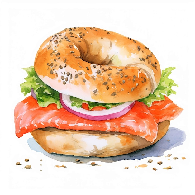 Ilustración acuarela sándwich de bagel de salmón ahumado en fondo blanco