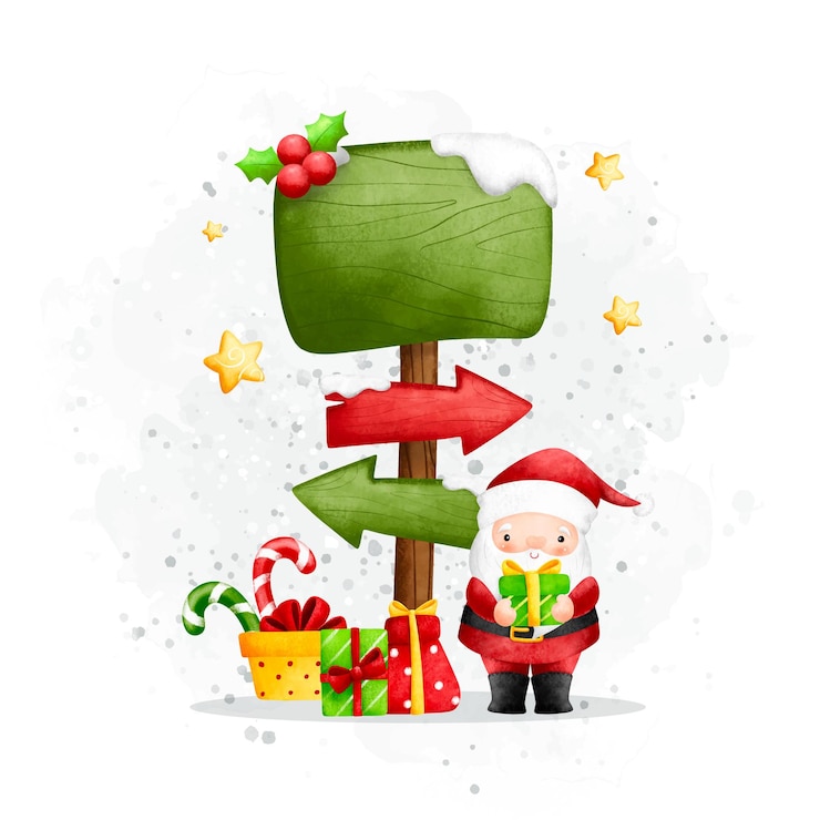 Vector ilustración acuarela santa claus y letrero de dirección de navidad