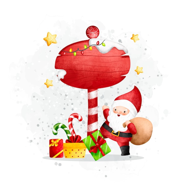 Ilustración acuarela Santa Claus y letrero de Navidad