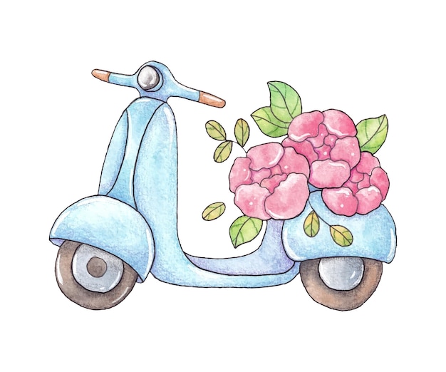 Ilustración acuarela con scooter y ramo de flores.