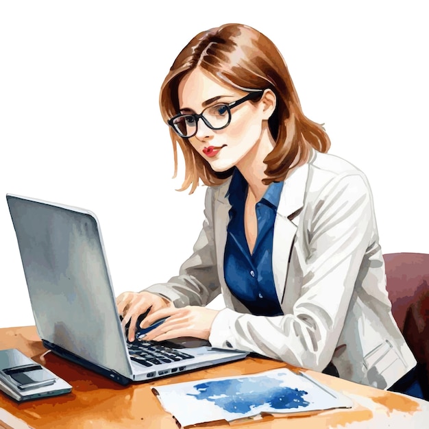 Ilustración en acuarela de una secretaria usando una computadora portátil