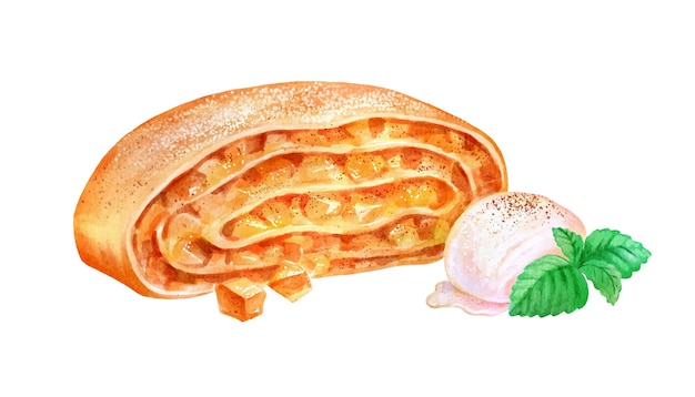 Ilustración acuarela de strudel de manzana