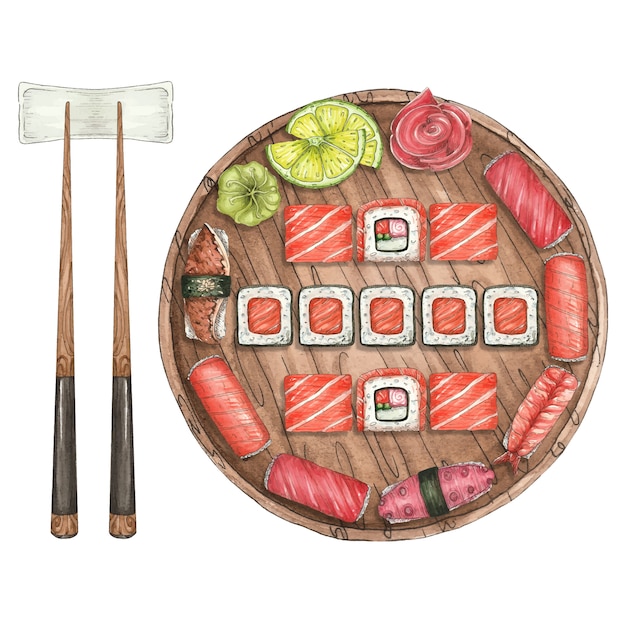 Ilustración acuarela con sushi y un plato de madera y palos