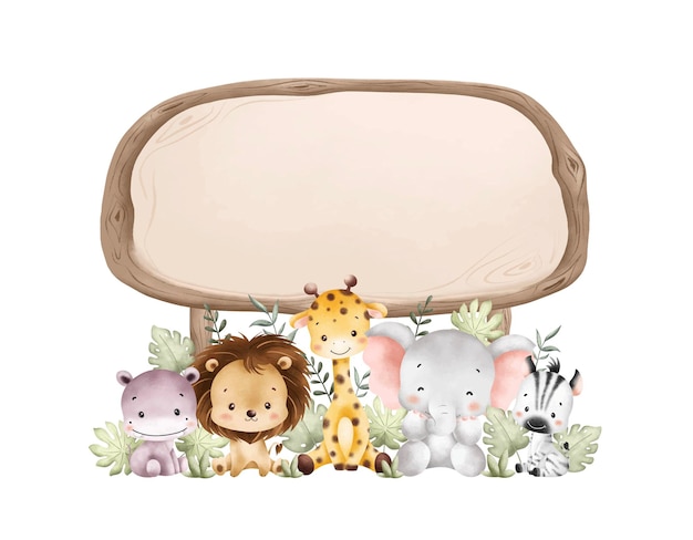 Ilustración de acuarela Tabla de madera y bebés animales de safari