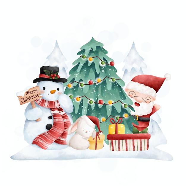 Ilustración acuarela Tarjeta de Navidad con regalo de muñeco de nieve de Papá Noel y árbol de Navidad