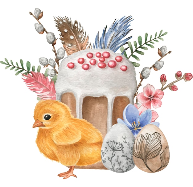 Ilustración acuarela de una tarjeta de Pascua con pollo y pastel de Pascua Digital clipart