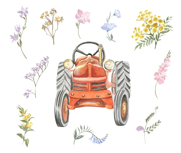 Ilustración acuarela de tractor rojo con flores silvestres