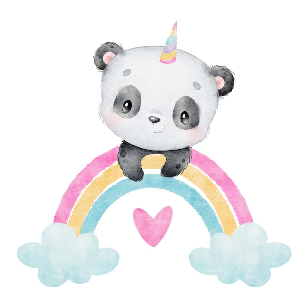 Ilustración acuarela de un unicornio panda de dibujos animados en un arco iris Animales lindos