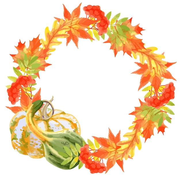Ilustración de acuarela vectorial de corona de hojas de otoño