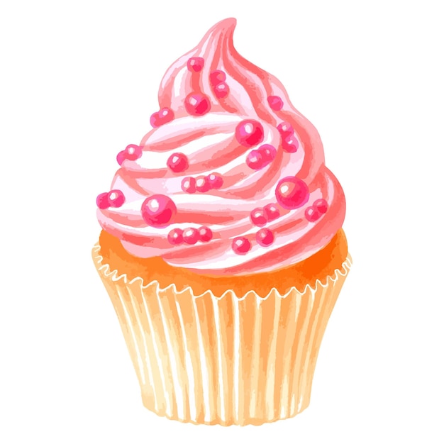 Ilustración acuarela vectorial de cupcake con crema