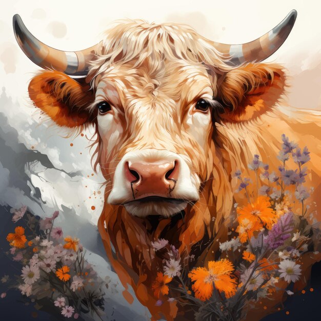 Vector ilustración acuarela vectorial de una vaca con un paisaje