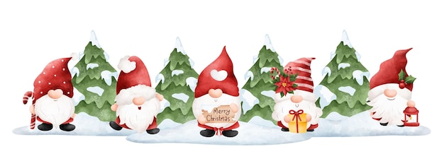 Ilustración acuarela Vhristmas gnomos y pancarta de árbol de nieve