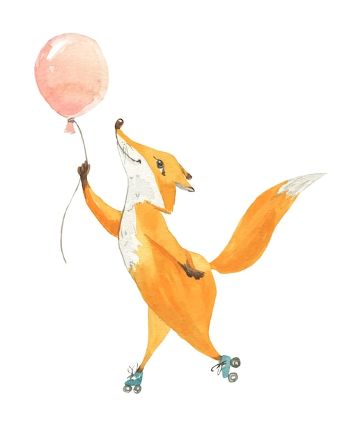 Ilustración acuarela de un zorro con un globo sobre ruedas