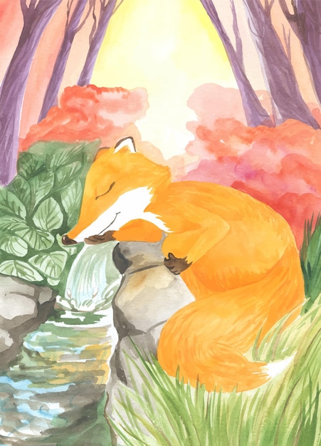 Ilustración acuarela de un zorro que bebe agua de un arroyo