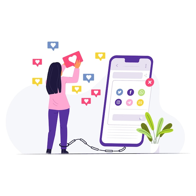 Ilustración de la adicción digital encadenada a las aplicaciones de redes sociales