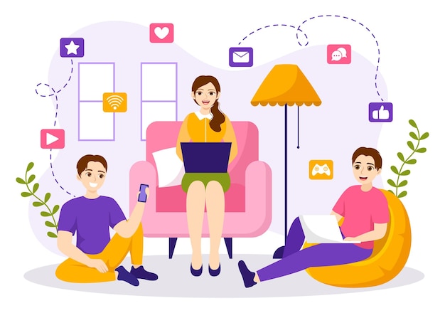 Ilustración de adicción a Internet con personas adictas al uso de dispositivos como portátiles o teléfonos inteligentes