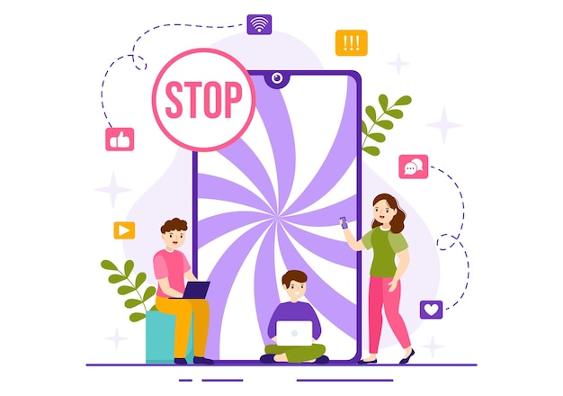 Ilustración de adicción a Internet con personas adictas al uso de dispositivos como portátiles o teléfonos inteligentes