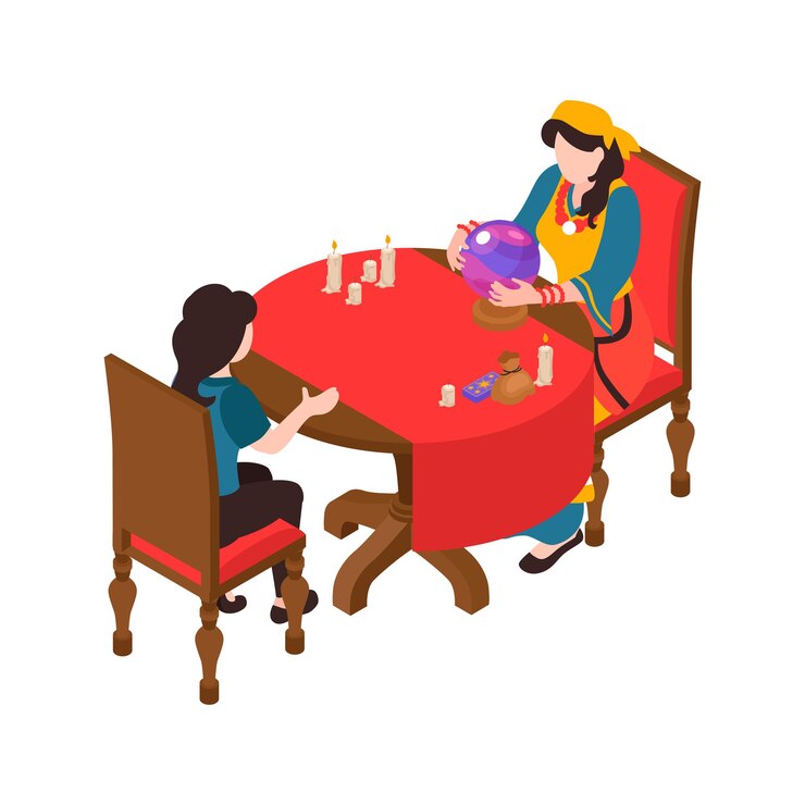 Vector ilustración de adivinación con cliente y gitano usando cartas de tarot de bola de cristal runas isométricas