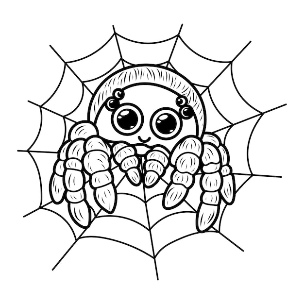 Ilustración de una adorable araña de dibujos animados con grandes ojos expresivos posados en una red Colorear página