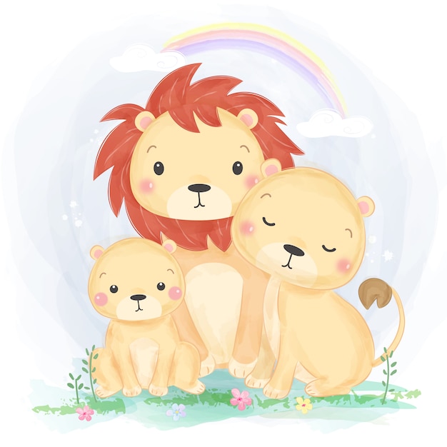 Ilustración adorable de la familia del león en estilo acuarela