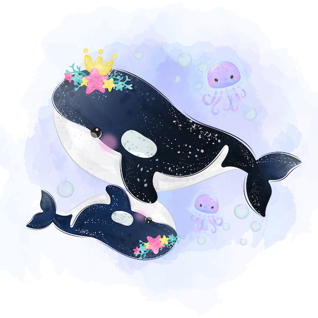 Ilustración adorable de la orca, clip art animal, decoración de la fiesta de bienvenida al bebé, ilustración de la acuarela.