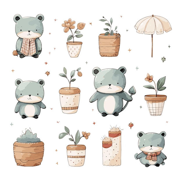 Ilustración de un adorable oso azul con plantas en maceta y una sombrilla