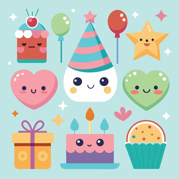 Ilustración de adorables elementos de cumpleaños de dibujos animados, incluidos pasteles, globos, estrellas y corazones