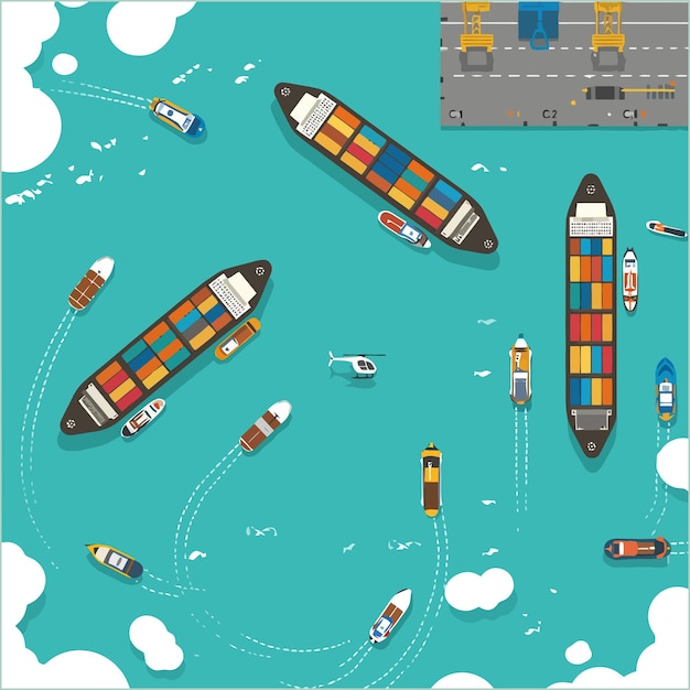 Ilustración aérea de buques y barcos de contenedores en el océano